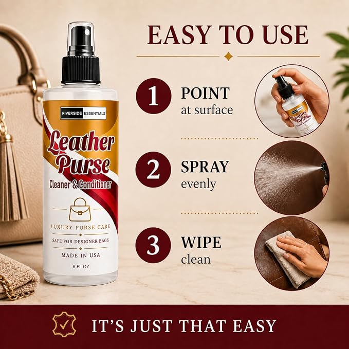 Leather Purse Cleaner & Conditioner (8oz) – High End 3-in-1 Spray for Purses, Designer Bags & Luxury Handbags – Cleans, Conditions, Deodorizes & Restores Finished Leather - Made in USA