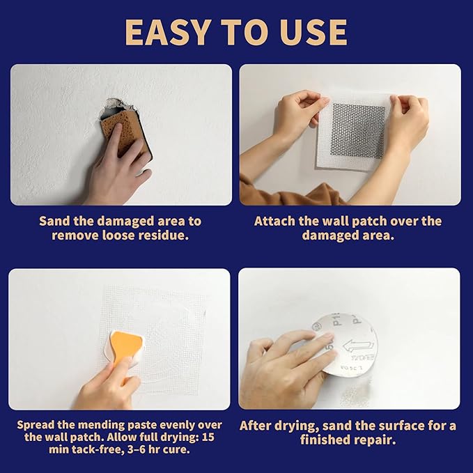 Breliter Drywall Patch Repair Kit - Premium All-in-One Repair Set (Patches/Scrapers/Sandpaper/Texture Sponge/Putty Knife) for Wall Holes, Cracks, Graffiti & Stains, Formaldehyde-Free, White (8.8oz)
