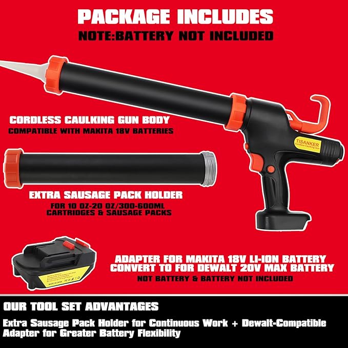 5500N Cordless Sausage Gun, 6-Speed Power, 1200 ml/min Output, 20oz Sausage & 300ml Cartridge Compatible, Anti-Drip, Compatible with Makita 18V & DEWALT 20V MAX, Tool Only (Battery Not Included)