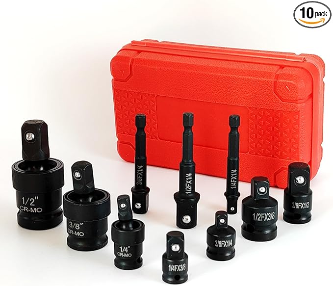 FUVONTA Impact Swivel Socket Adapter Set with Case - Universal Joint, Reducer & Drill Adapter (1/4" 3/8" 1/2") | CR-MO Steel for Automotive Repair, DIY Projects & Off-Road Emergencies (10 PC)