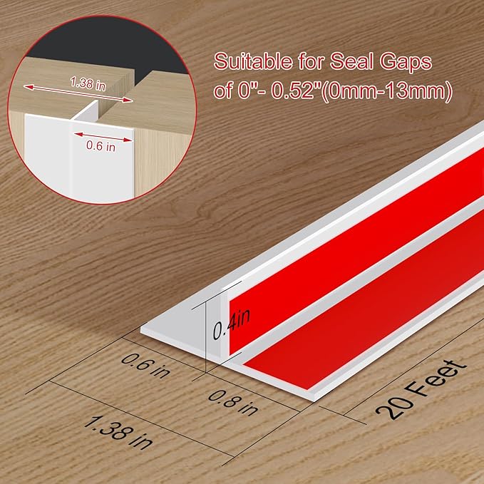 T-Shaped Silicone Seal Strip for Door & Windows, 20Ft Weatherproof Draft Stopper, Gap Seal for Door Sides (White)