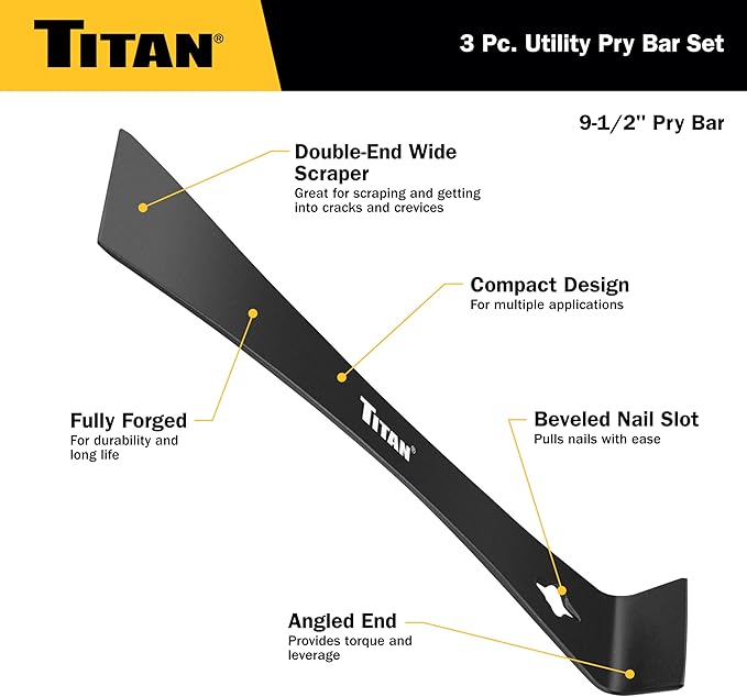 Titan 17121 3-Piece Flat Pry Bar set, 5.5", 7.5" & 9.5"Utility Claw Bars with Nail Puller, Forged Steel Wonder Bar