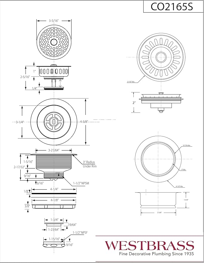 Westbrass CO2165S-07 COMBO PACK 3-1/2" Post Style Large Kitchen Sink Basket Strainer and Waste DisposalDrain Flange with Basket Strainer, Satin Nickel