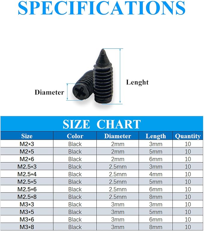 120 pcs Nickel Plated Tip Screws Pointed Cross Slot Leather Accessories 12 Sizes Black Belt Screws Include M2*3-M2*6, M2.5 * 3-M2.5 * 8, M3*3-M3*8 with 2mm Screwdriver for Belt Buckle Wallet Handbag