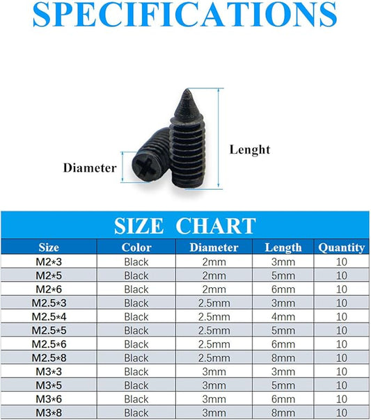 120 pcs Nickel Plated Tip Screws Pointed Cross Slot Leather Accessories 12 Sizes Black Belt Screws Include M2*3-M2*6, M2.5 * 3-M2.5 * 8, M3*3-M3*8 with 2mm Screwdriver for Belt Buckle Wallet Handbag