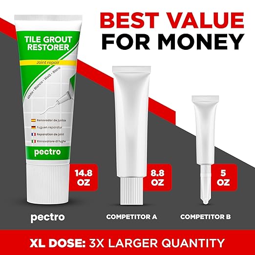 PECTRO Tile Grout Repair Paste, White, 14.1 oz (400 g) Squeeze Tube with Adjustable Spatula - Fast Drying, Odorless Filler for Grout Lines, Cracks & Gaps (Bathroom, Kitchen, Floor Tile) (KIT X 2)