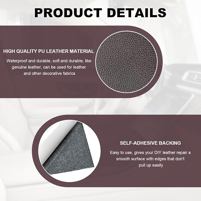 2 PCS Leather Repair Patch Tape, 4 x 8 Inch PU Vinyl Repair Patches for Car Upholstery Seat, Waterproof Self Adhesive Leather Tape Repair Kit for Furniture Couches Chairs (Gray)