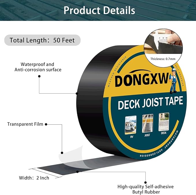 Dongxw 12 Packs Deck Joist Tape, 2" x 50' Waterproof Butyl Joist Tape for Decking 2inch, Flashing Tape Self-Adhesive Joist Tapes for Decks Beams Extend Wood Deck Life
