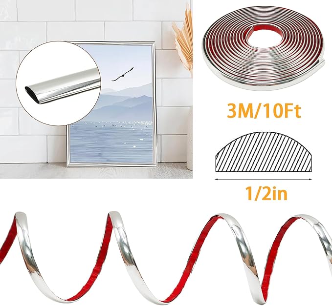 Silver Peel and Stick Trim for Backsplash Tile Edge, Faoaatin 10Ft Premium Flexible Trim Caulk Strip for Wall Tile Edges, Kitchen backsplash, Mirrior Frame
