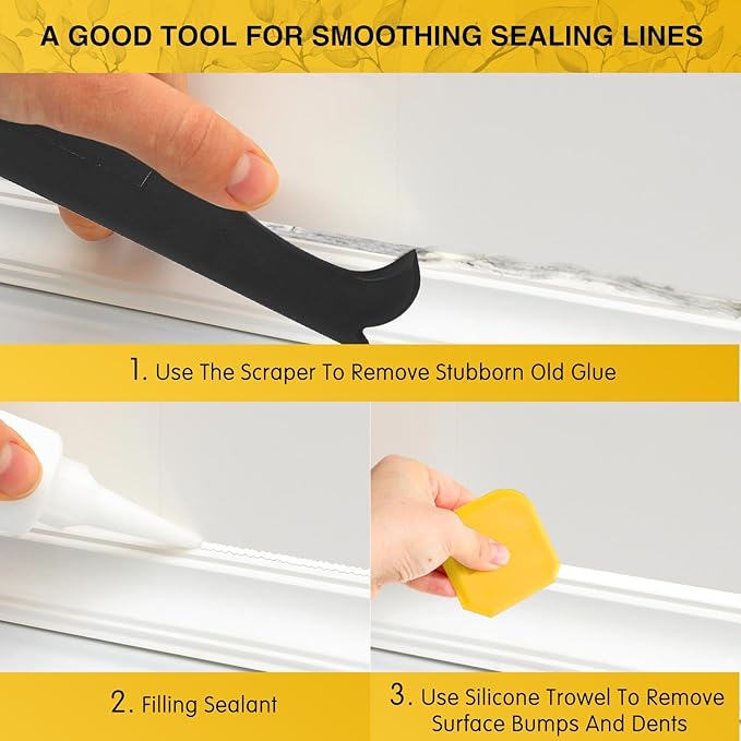 Outus 4 Pieces Silicone Caulking Tool Set Sealant Finishing Grout Scraper Caulking Removal Tool for Kitchen Bathroom Floor Sink Joint Sealant Sealing Home House Renovation, Reuse and Replace(Yellow)
