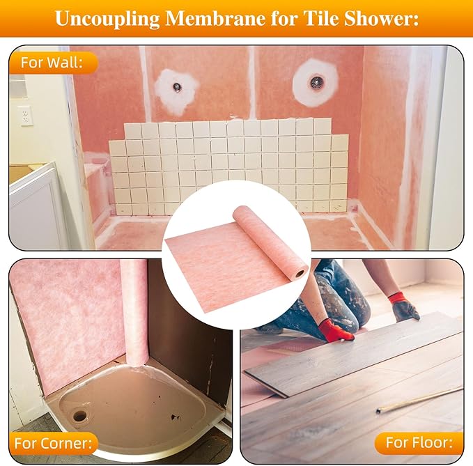 Waterproof Membrane for Shower,3.3ftx65ft Shower Waterproofing Membrane Uncoupling Band for Tile Wall Floor Bathroom Sauna Steam Room and Wet Areas,Tile Underlayment Seam Tape,23.6Mils Thick,214 Sq Ft