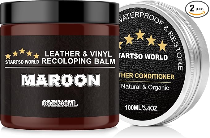 STARTSO WORLD 200Ml Leather Recoloring Balm with 100ML Leather Conditioner, Maroon Leather Repair Kit for Furniture, Leather Dye, Leather Scratch Repair, Leather Couch Paint