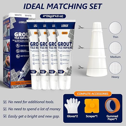 Tile Grout Repair Kit, 4 Pack Fast Drying Grout Filler for Shower, Bathroom & Kitchen, Waterproof Tile Grout Paint, Grout Sealer Restores and Renews Tile Gaps, Joints, Lines (White, 4.8oz / 136g Each)