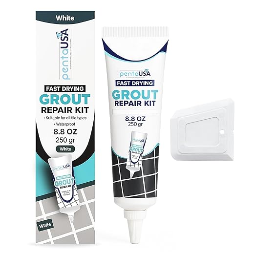 PentaUSA Tile Grout Repair Kit - White Premixed Acrylic Sanded Grout Filler for Bathroom, Shower, and Kitchen, Water-Resistant Tube with Applicator, Fills Cracks and Gaps, Fast Drying (8.8oz / 250g)