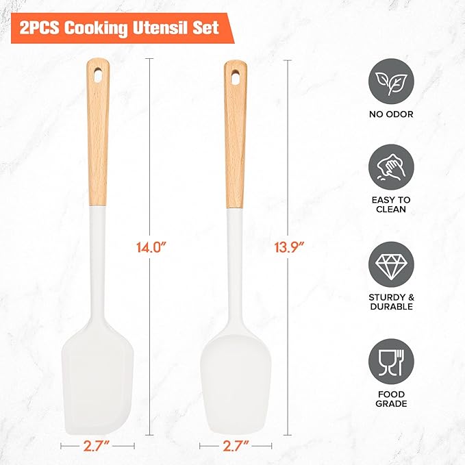 Large Silicone Spatula Scrapers with Long Wood Handle,Heat Resistant,Durable, Essential Baking Tools for Mixing, Folding, Scraping,Spreading for Nonstick Cookwares,Pack of 2 (White)