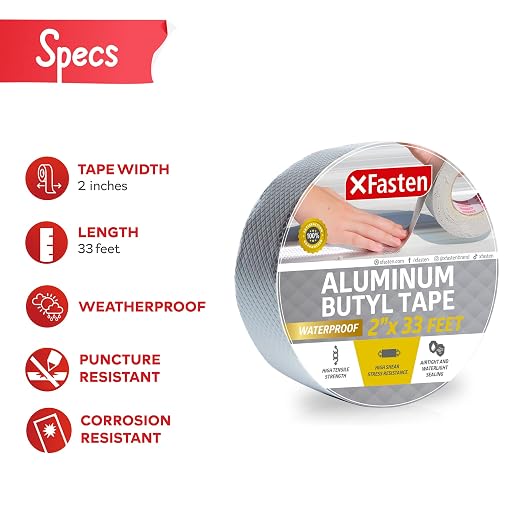 XFasten Super Waterproof Aluminum Butyl Tape, 2-Inch x 33-Foot, Aluminum Foil Tape with Butyl Rubber Adhesive for Window and Metal Roof Flashing, Patching and Gutter Leak Repair (Pack of 2)
