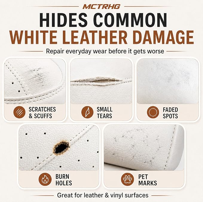 Leather & Vinyl Repair Kit for Boat, Car Seat, Furniture, Couch, Bag, Shoe | White, Cream, Gray, No Skills Needed, for Scratch, Tear, Crack, Hole, Peel & Burn on Faux Upholstery, Sofa, Purse, Jacket, RV