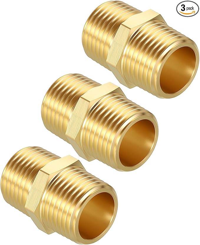 Pack of 3, 1/2" Male NPT to 1/2" Male NPT Solid Brass Hex Nipple Hose Connectors, Male Pipe Adapter for Pipe Leak Repair, Bathroom Remodeling, Tool Extensions, Compression