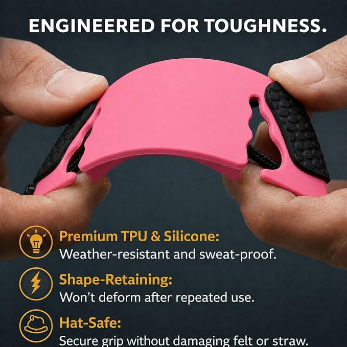 Cowboy Hat Retainer, Silicone Hat Size Reducer Rodeo | hard sweatband fit, leather band compatibility, hidden interior grip, wind control, felt and straw styles, rider accessory