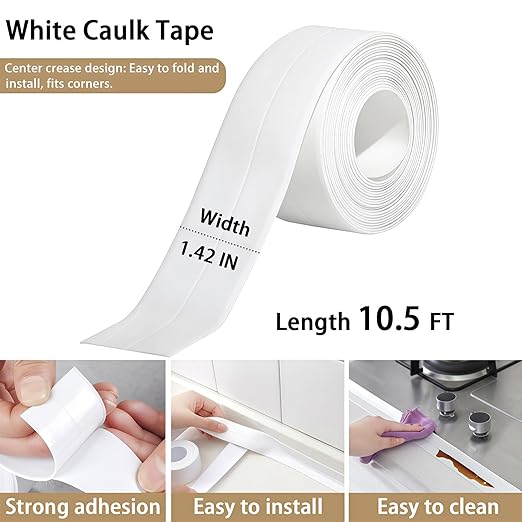 Caulk Tape, 10.5FT Peel and Stick Waterproof Seal Tape - No Tools No Mess Self-Adhesive Waterproof Tape for Toilet Bathtub Sink Tub Kitchen Countertop, Flexible PVC Strip Filler Caulking Tape