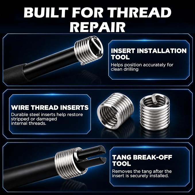 175PC SAE Thread Repair Kit, Thread Restorer Tool Set with HSS Drill Bits, Taps, Thread Inserts, Installation and Break-Off Tools for Stripped Threads, Automotive Repair, Metalworking and Garage Use
