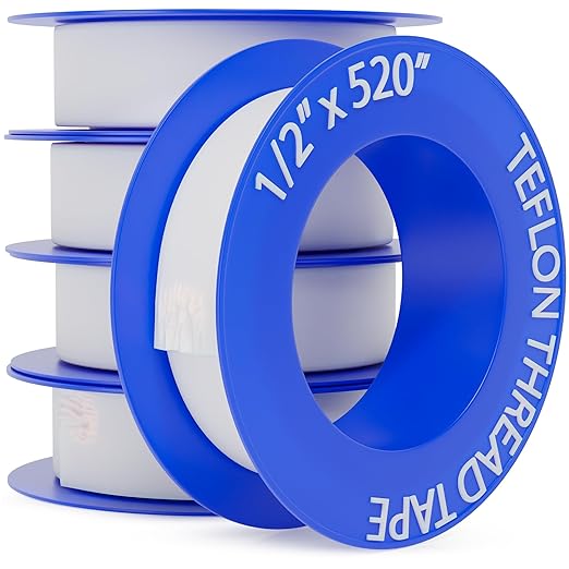 D-NYX 4 Rolls 1/2 Inch(W) X 520 Inches(L) Teflon Plumbers Tape, Duct Sealant Tape for Shower Head, Plumbing Thread Tap, Water Pipe Sealing Plumbers PTFE Thread Seal (5 Pack)