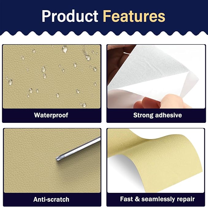 Zenyao Leather Repair Patch Tape - Self Adhesive Leather Repair Kit for Car Seat Furniture, Heavy Duty Vinyl Repair Patch for Couch Sofa, Waterproof Fix for Tears, 3x60 Inch Roll, White Khaki