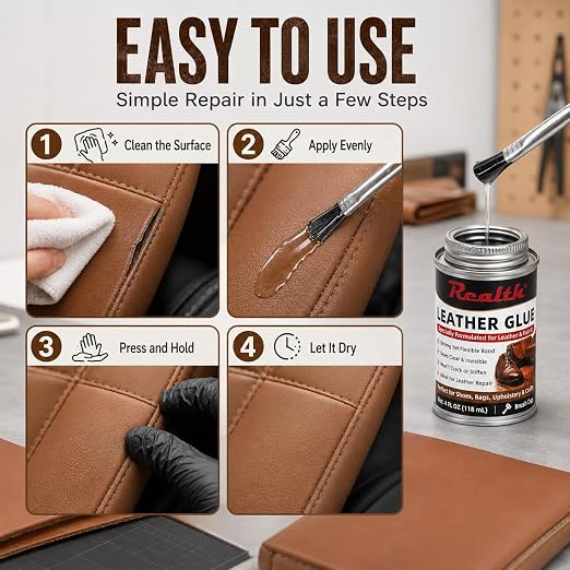 Realth Leather Adhesive Glue 4 oz Can, Heavy Duty Contact Cement - 2 Pack | Fast Drying Flexible Bond for Shoe Repair, Upholstery, Automotive Interior, Leather Craft, Fabric, Rubber & DIY Repairs