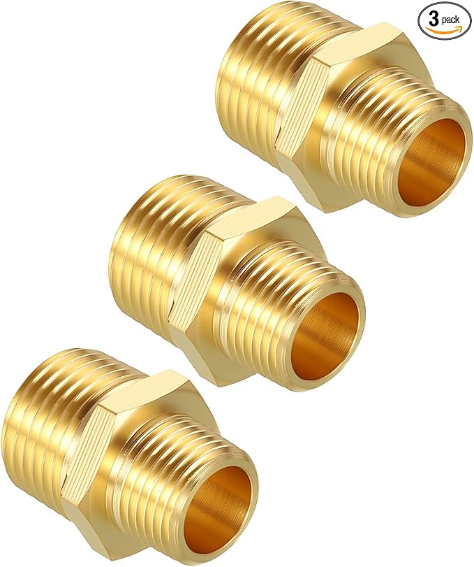 Pack of 3, 1/2" NPT Male to 3/8" NPT Male Solid Brass Hex Nipple Hose Connectors, Male Pipe Adapter for Pipe Leak Repair, Bathroom Remodeling, Tool Extensions, Compression