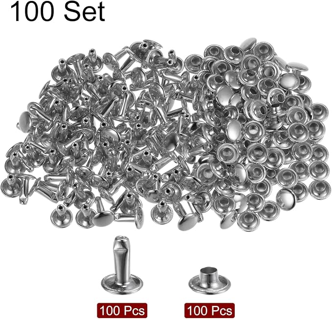 HARFINGTON 100 Sets Leather Rivets 10 x 8mm Metal Double Cap Rivet Snaps Studs Fasteners with 3pcs Setting Tools Rivets for Leather Craft DIY Repair Decoration, Silver Tone