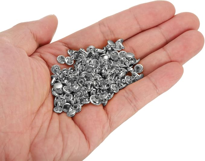 HARFINGTON 100 Sets Double Cap Leather Rivets, 6x6mm Round Cap Tubular Metal Studs Leather Crafting Rivets for Fabric Belt Pet Collar Boot Bag Repair and Decoration, Silver