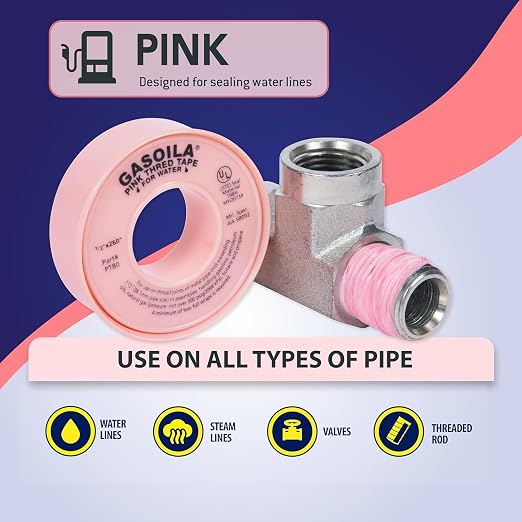 Gasoila Pink PTFE Thread Seal Tape – Professional-Grade, 1/2 Inch x 260 Inch, High-Density Thread Tape for Water Lines – Leak-Proof Seal, Non-Toxic (Pack of 24)