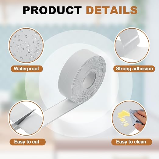 uxcell Caulk Tape Waterproof, 0.83 Inch x 16.4 ft Self-Adhesive Sealant Sealing Strip Caulking Sealant Tape PVC with Tool for Kitchen Sink Toilet Bathroom Bathtub Floor, Gray
