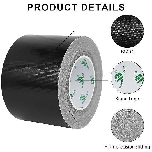 BOMEI PACK Black Heavy Duty Duct Tape, 4 inches x 50 Yards, Strong, Flexible, No Residue, All-Weather and Tear by Hand - for Repairs, Industrial, Professional Use