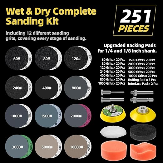 251Pcs 2 Inch Sanding Disc Drill Polishing Kit Sanding Attachment Assorted 60-10000 Grit, Wet Dry Silicon Carbide Hook & Loop Sandpaper with Sanding Pads and Soft Foam Buffering Pad for Car Wood Metal