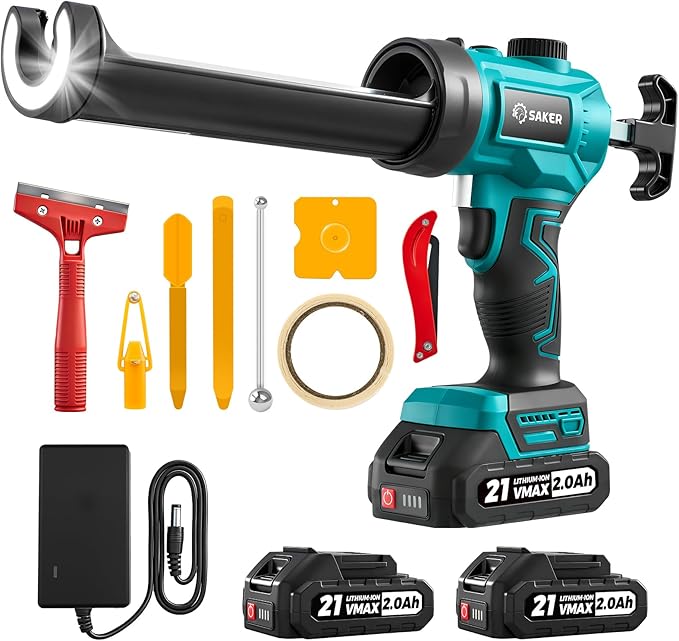 Saker Electric Caulking Gun Cordless Adjustable Speed Caulk Gun with Caulking Tools Set with LED Light 10oz/300ml for Kitchen Bathroom Filling, Sealing 2 Batteries Blue