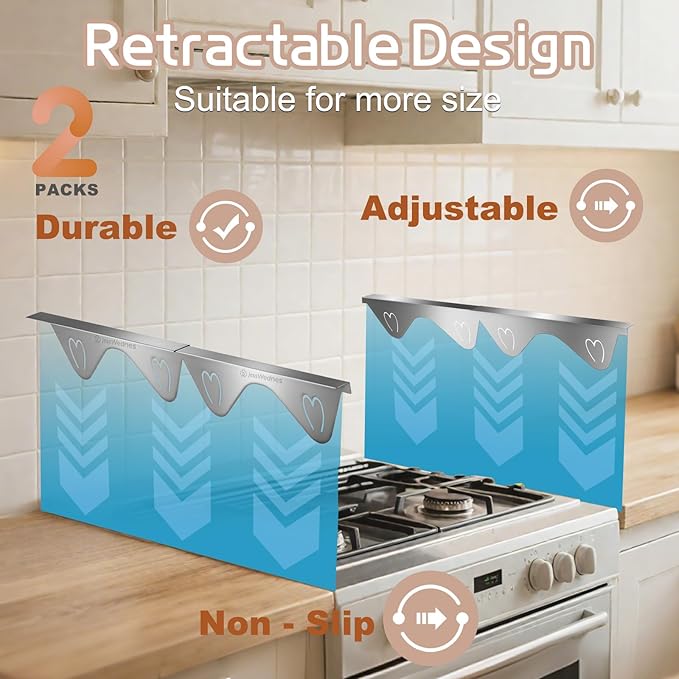 Stainless Steel Stove Gap Covers, 2 Pack Extendable Stove Gap Filler 13.8"-27.5", 0.79" Wide, Deep-Lock Heart Clips, Heat Resistant Range Trim Kit for Kitchen Counter Gaps, Silver