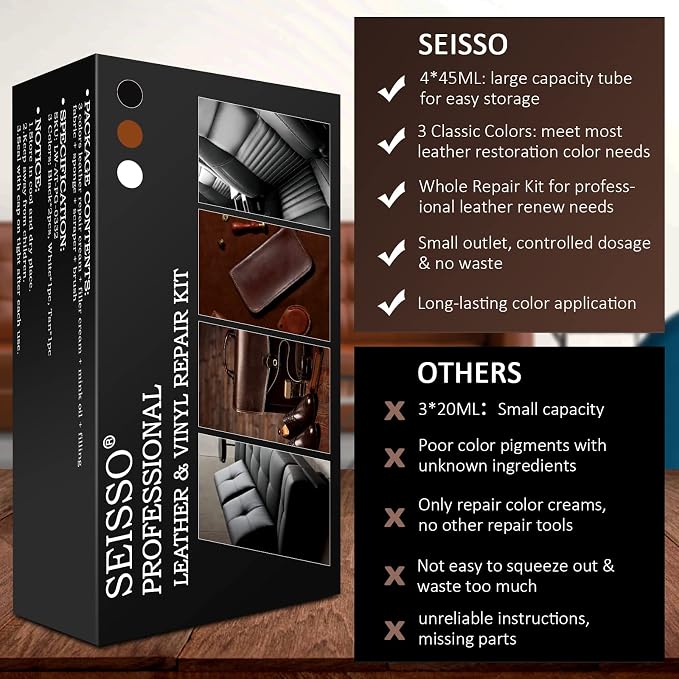 SEISSO Leather Repair Kit for Furniture, Vinyl Leather Repair Kit Car Interior Leather Dye with Mink Oil, Leather Filler Restore for Sofa Couch Cat Scratches