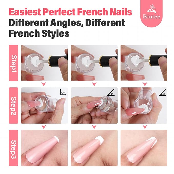 Biutee French Tip Nail Stamp 4PCS Nail Art Stamper Kit with Replacement Nail Stamper Heads Clear Silicone Nails Jelly Stamper with Scrapers Nail Printing Tool for French Manicure Home DIY Art Salon