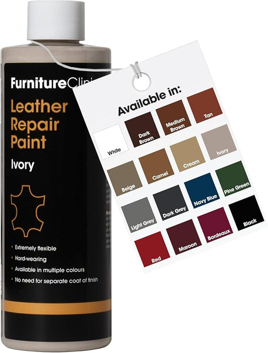 Furniture Clinic Leather Repair Paint | 2-in-1 Seal and Color | Use on Scratches, Tears, and Holes in Car Seats, Furniture | Quick and Easy Leather Repair Kit for Furniture (Ivory, 500ml / 17oz)