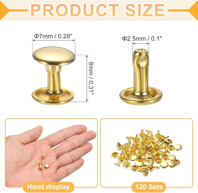 uxcell 120Set Leather Rivets, 7mm Double Cap Rivet Tubular Metal Studs Repairs Decoration Craft Accessories for Repair Decorate Leather Craft Belt Bag Shoes Purse Belts, Gold