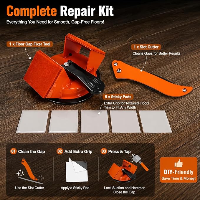 Floor Gap Fixer Tool, Heavy Duty Suction Cup Floor Gap Repair Tool for Vinyl Plank Laminate Flooring, 45° Striking Surface Plank Grabber with Gap Cutter, 5 Adhesive Pads Included, Orange