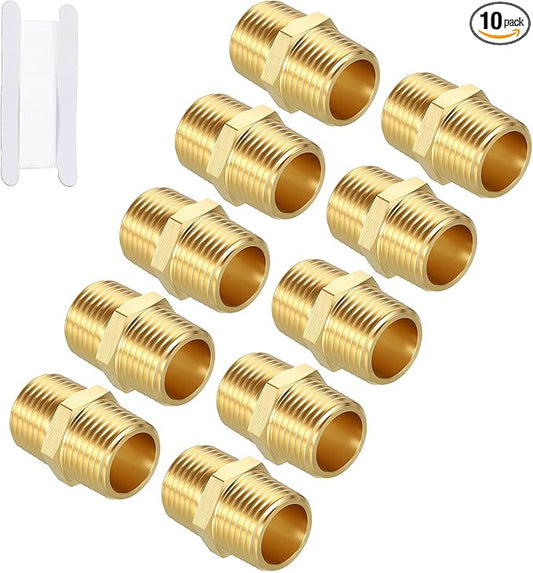 Pack of 10, 1/2" MNPT to 1/2" MNPT Solid Brass Hex Nipple Hose Connectors W/Sealing Tape, Male Pipe Adapter for Pipe Leak Repair, Bathroom Remodeling, Tool Extensions, Compression