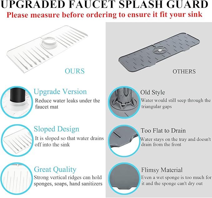 YATOISUR Sink Splash Guard 14.4” x 5.4” - Sink Faucet Mat with Faucet Water Catcher Mat & Soap Dish & Sponge Holder 3 in 1 - Silicone Faucet Handle Drip Catcher Tray for Kitchen RV & Bar Faucet, White