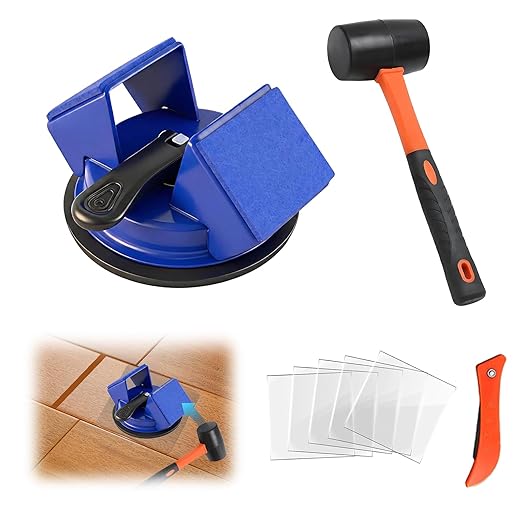 Floor Gap Fixer Tool with Rubber Hammer & Adhesive Pads, Laminate Vinyl Flooring Suction Cup Repair Tool for Closing Floor Gaps, Professional Flooring Installation Kit (Blue)