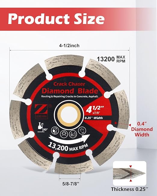 ZORUNNA Diamond Crack Chaser Blade for Concrete 4.5", 2Pcs 1/4" Wide V-Groove Concrete & Asphalt Crack Repair Diamond Blade for Angle Grinder, 7/8" Non-Threaded Arbor