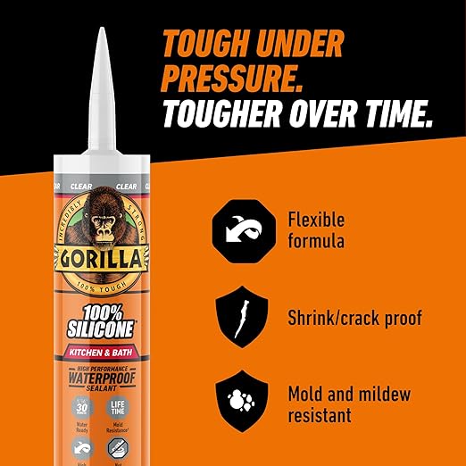 Gorilla 100% Silicone Caulk Kitchen & Bath Sealant, Mold Resistant, 10 oz. Cartridge, Clear