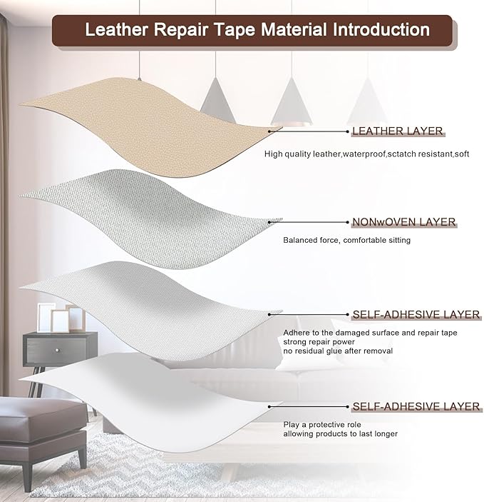 JDLUGH Sofa Leather Repair Patch Tape 15x60 Inch Large Self Adhesive Leather Sofa, Car Seat, Leather Furniture, Vinyl Repair Patch Kit (15x60 Inch, Beige/Dark Beige)