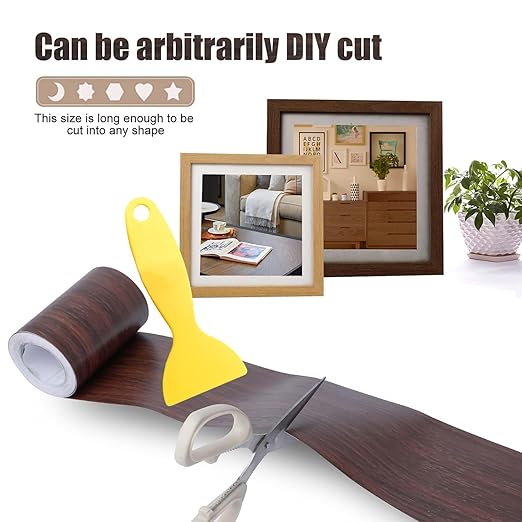4" X33' Size Realistic Wood Grain Repair Tape, Self Adhesive Wood Grain Repair Patch for Tables, Chairs, Doors, Windows, Floors, Furniture Renovation, Handicraft DIY. With Plastic Scraper. Dark Brown