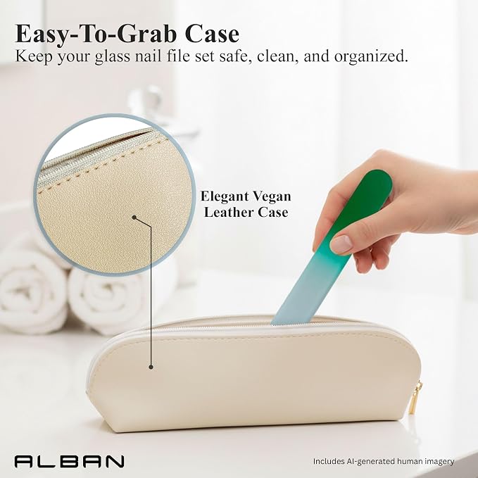 Alban Czech Glass Nail File Set with Manicure Stick & Vegan Leather Cosmetic Case (Green Nail Files, Green Manicure Stick & Cream Cosmetic Case)